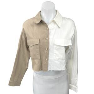 Garota Women's White Beige Raw Hem Boxy Cropped Button Down Shirt Top Size S